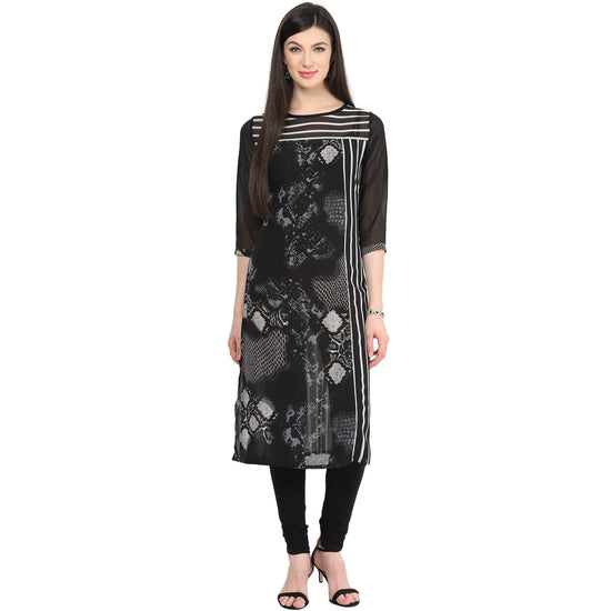 Pannkh Women's Print & Stripe Mix Kurti-LA1133BLACK-S