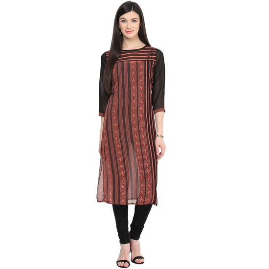 Pannkh Women's Print & Stripe Mix Kurti-LA1133ORANGE-S