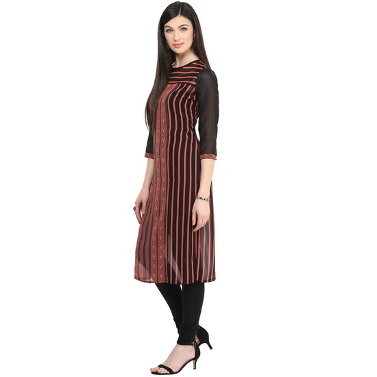 Pannkh Women's Print & Stripe Mix Kurti-LA1133ORANGE-S