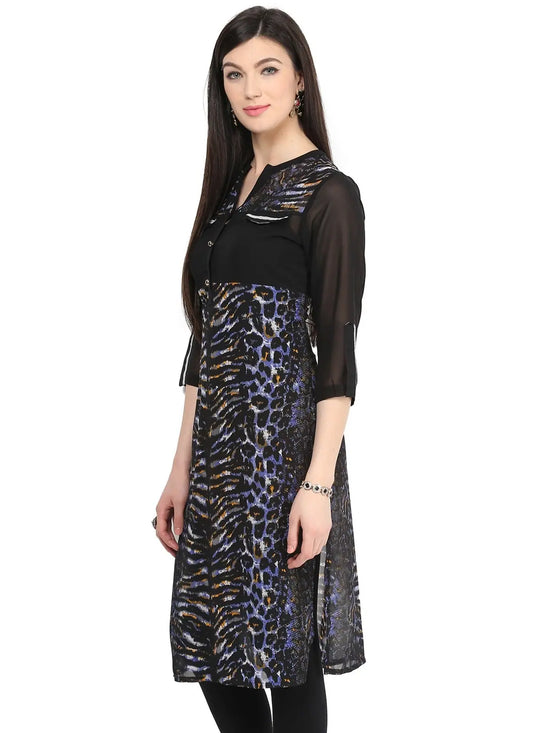 Pannkh Women's Blue Tiger Print Kurti