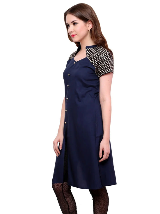 Pannkh Women's Buttoned Brocade Shoulder Yoke Kurti-PK1130BLUE-S