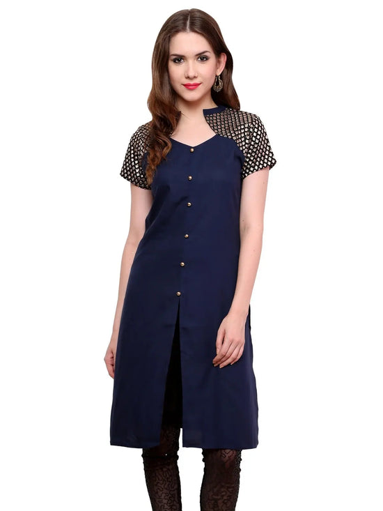 Pannkh Women's Buttoned Brocade Shoulder Yoke Kurti-PK1130BLUE-S