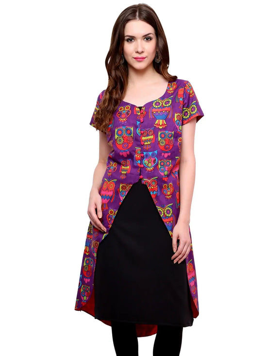 Pannkh Women's Owl Print Asymmetric Jacket Kurti-PK1129PURPLE-S