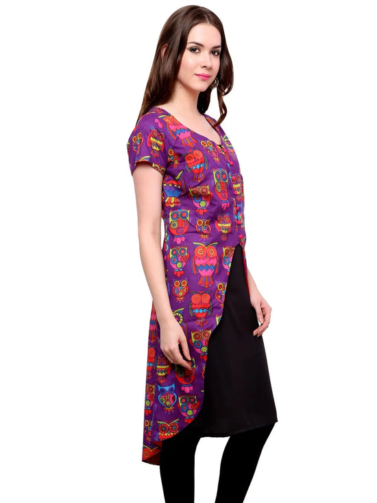 Pannkh Women's Owl Print Asymmetric Jacket Kurti-PK1129PURPLE-S