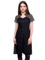 Pannkh Women's Buttoned Brocade Shoulder Yoke Kurti-PK1130BLACK-S