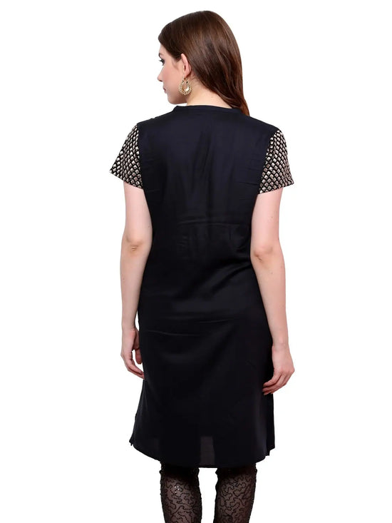 Pannkh Women's Buttoned Brocade Shoulder Yoke Kurti-PK1130BLACK-S