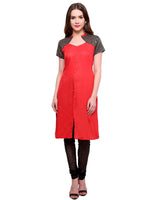 Pannkh Women's Buttoned Brocade Shoulder Yoke Kurti-PK1130RED-S