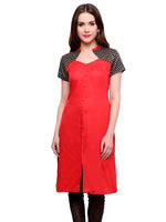 Pannkh Women's Buttoned Brocade Shoulder Yoke Kurti-PK1130RED-S