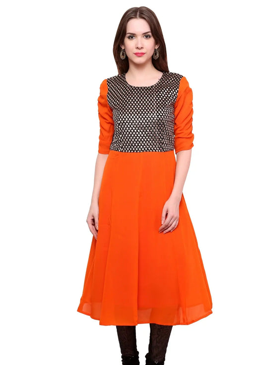 Pannkh Women's Brocade Bodice Kurti-PK1125ORANGE-S