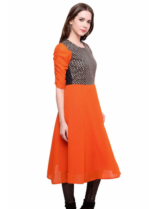 Pannkh Women's Brocade Bodice Kurti-PK1125ORANGE-S