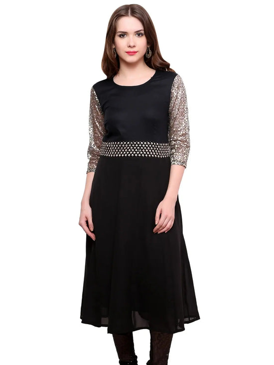 Pannkh Women's Brocade Belt Kurti-PK1124BLACK-S