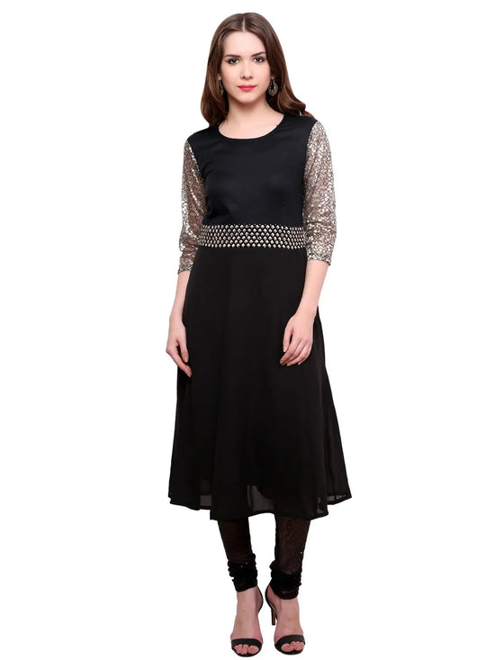 Pannkh Women's Brocade Belt Kurti-PK1124BLACK-S