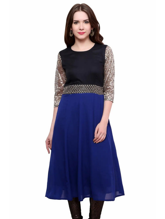 Pannkh Women's Brocade Belt Kurti-PK1124BLUE-S