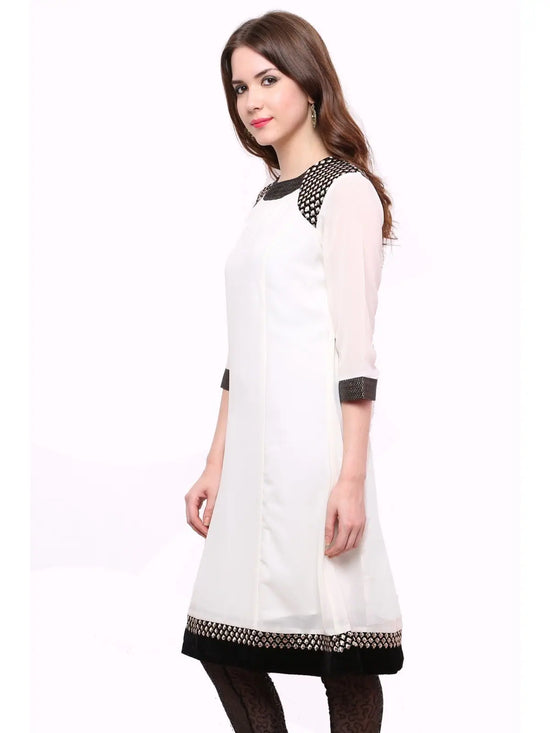 Pannkh Women's Shoulder Brocade Kurti-PK1123OFFWHITE-S