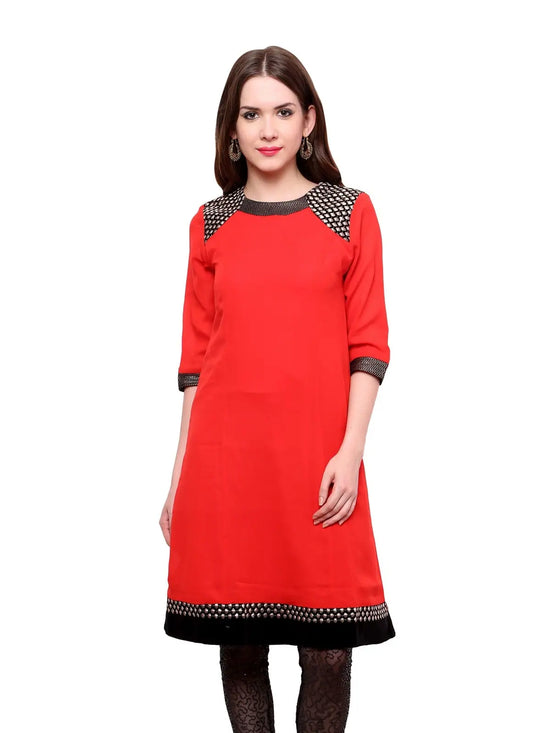 Pannkh Women's Shoulder Brocade Kurti-PK1123RED-S