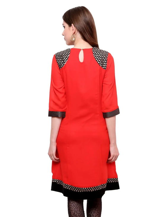 Pannkh Women's Shoulder Brocade Kurti-PK1123RED-S