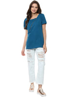 Pannkh Women's Blue Top Detailed With Gathered Sleeves And Diagonal Zip