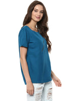 Pannkh Women's Blue Top Detailed With Gathered Sleeves And Diagonal Zip