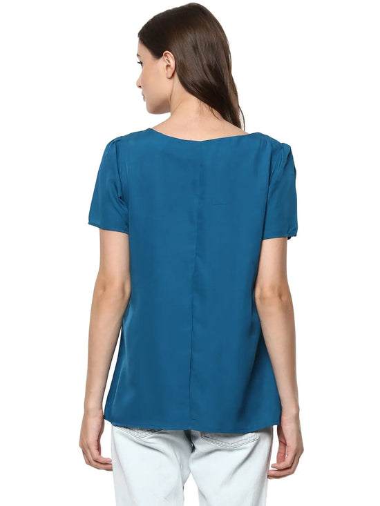 Pannkh Women's Blue Top Detailed With Gathered Sleeves And Diagonal Zip