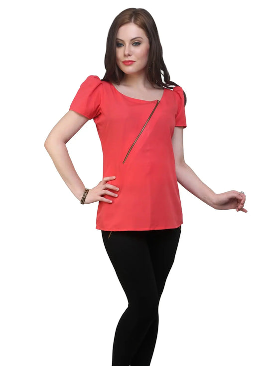 Coral Top Detailed With Gathered Sleeves And Diagonal Zip