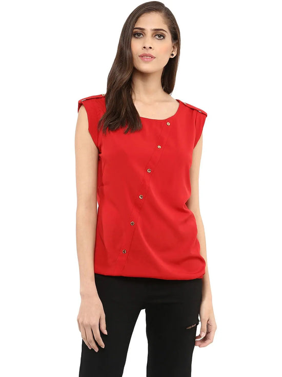 Pannkh Women's Red Top With Fake Shoulder-Tab