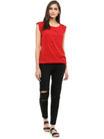 Pannkh Women's Red Top With Fake Shoulder-Tab