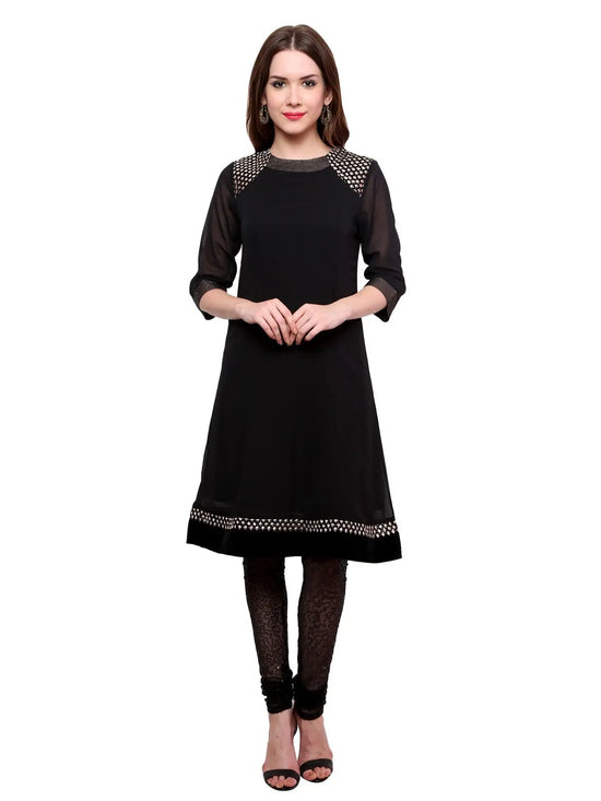 Pannkh Women's Shoulder Brocade Kurti-PK1123BLACK-S