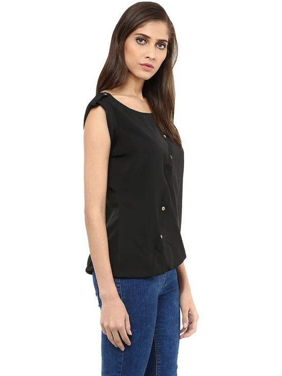 Pannkh Women's Black Top With Fake Shoulder-Tab