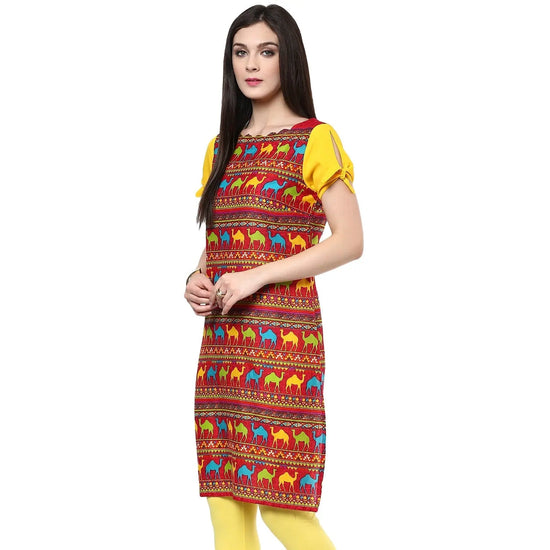 Pannkh Women's Camel Knotted Sleeve Kurti