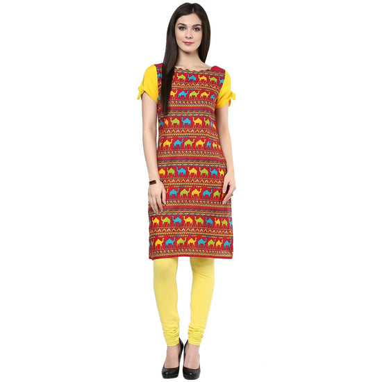 Pannkh Women's Camel Knotted Sleeve Kurti