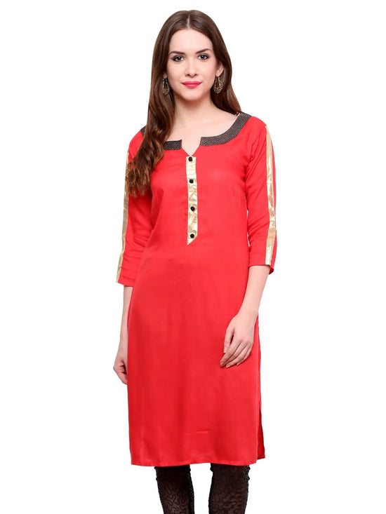 Pannkh Women's brocade Placket Kurti-PK1121RED-S