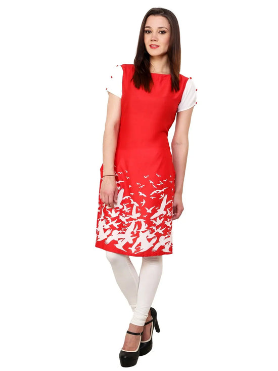 Pannkh Women's Bird Border Print Kurti-PK1094RED-S