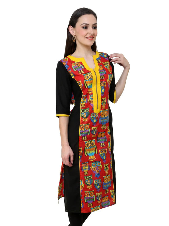 Pannkh Women's Red Owl Print Zipper Kurti