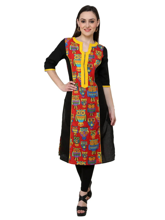 Pannkh Women's Red Owl Print Zipper Kurti