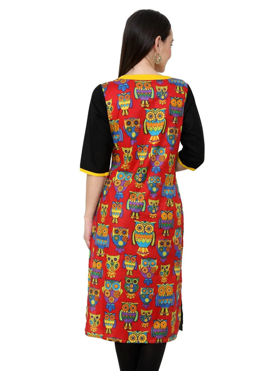 Pannkh Women's Red Owl Print Zipper Kurti