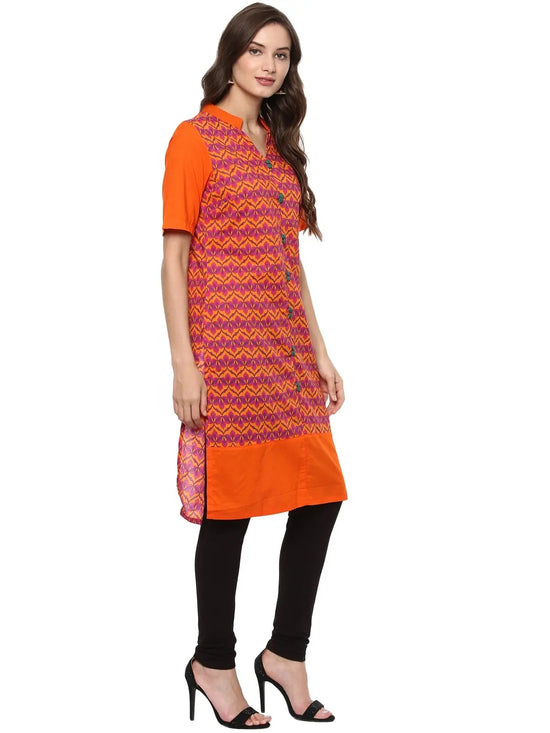 Pannkh Women's Orange Allover Print Stand Collar Print Kurti