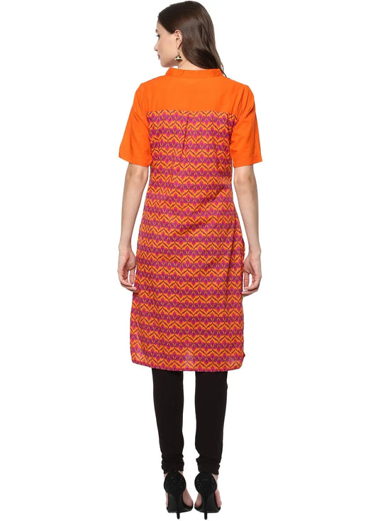 Pannkh Women's Orange Allover Print Stand Collar Print Kurti