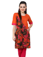 Pannkh Women's Orange Leaf Print Diagonal Cut Kurti