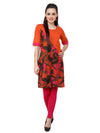 Pannkh Women's Orange Leaf Print Diagonal Cut Kurti