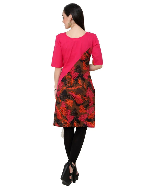 Pannkh Women's Pink Leaf Print Diagonal Cut Kurti