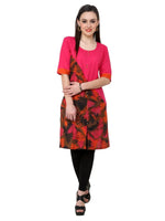 Pannkh Women's Pink Leaf Print Diagonal Cut Kurti