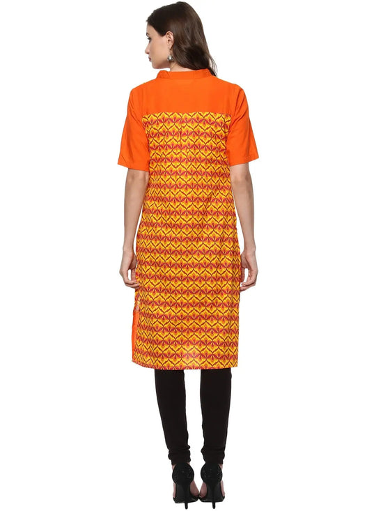 Pannkh Women's Yellow Allover Print Stand Collar Print Kurti