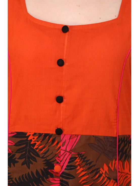 Orange Leaf Print Panelled Kurti