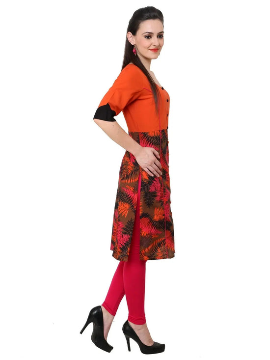 Orange Leaf Print Panelled Kurti