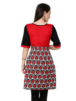 Pannkh Women's Red Black Print Keyhole Kurti