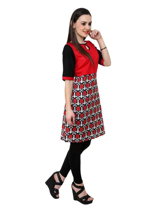 Pannkh Women's Red Black Print Keyhole Kurti