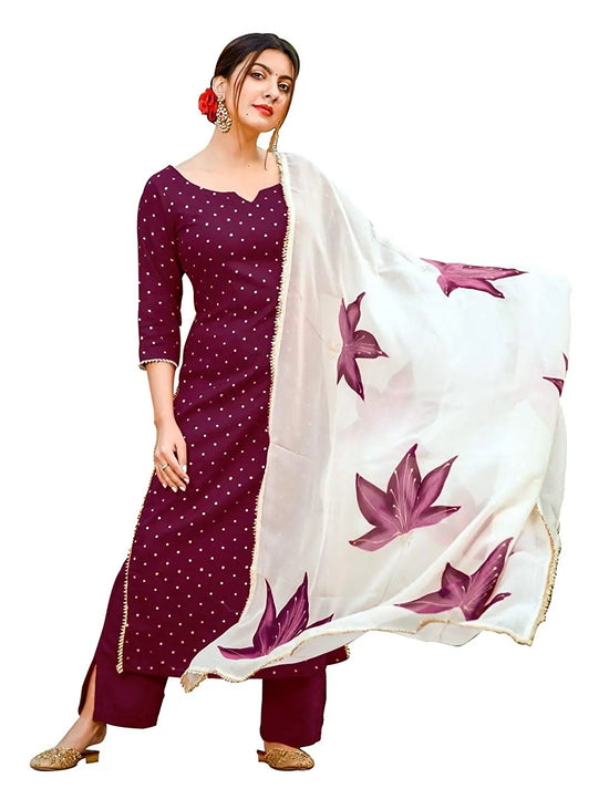 Navyaa Women's Wine Cotton Printed Kurta Palazzo Set With Dupatta