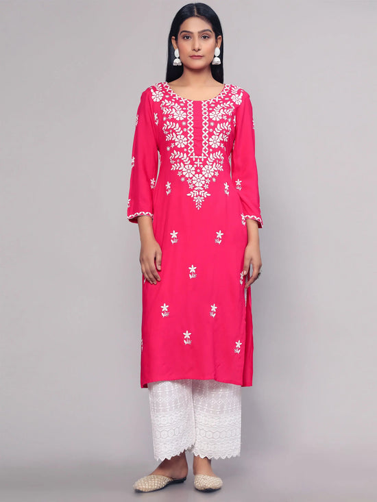 Navyaa Women's Pink Embroidered Georgette Straight Chikankari Kurta-Y4-WKR1-RANI-S