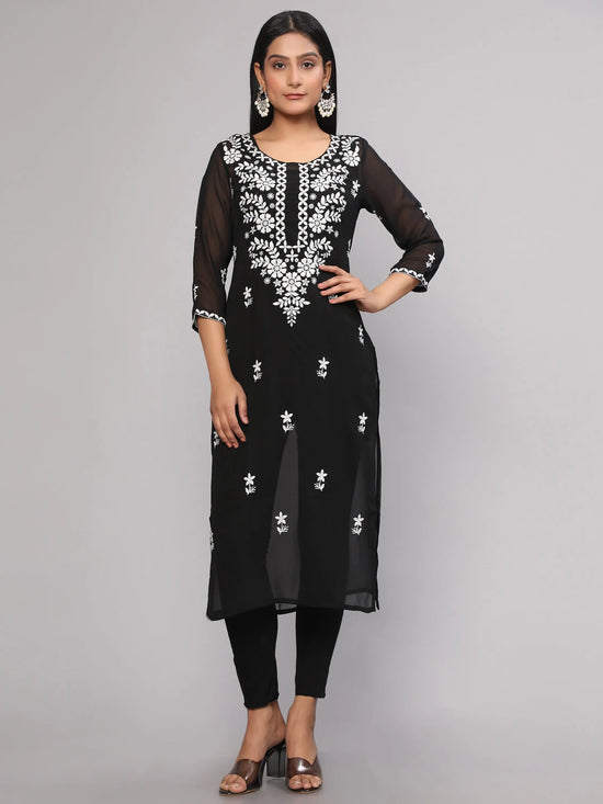 Navyaa Women's Black Floral Chikankari Embroidery Georgette Casual Kurta