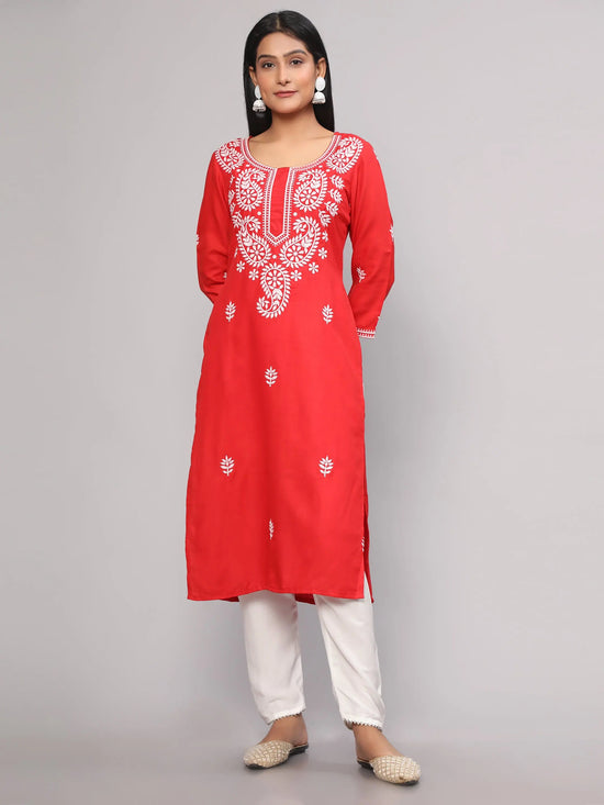 Navyaa Women's Red Embroidered Georgette Straight Chikankari Kurta